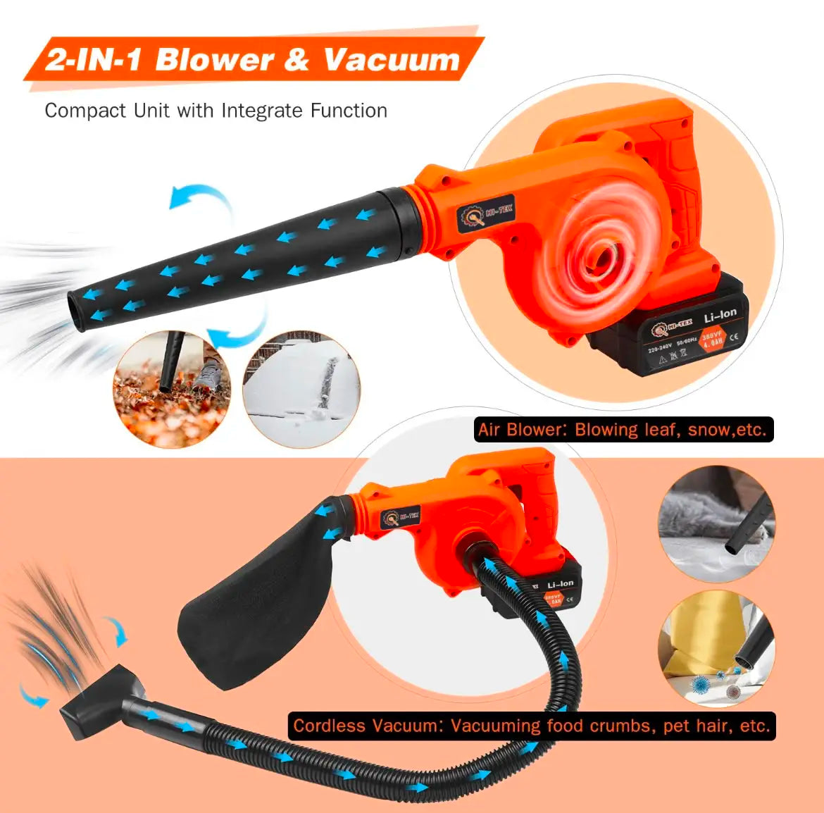 Hi-Tex 2 in 1 Cordless Blower + Vacuum Cleaner, Model H-1120