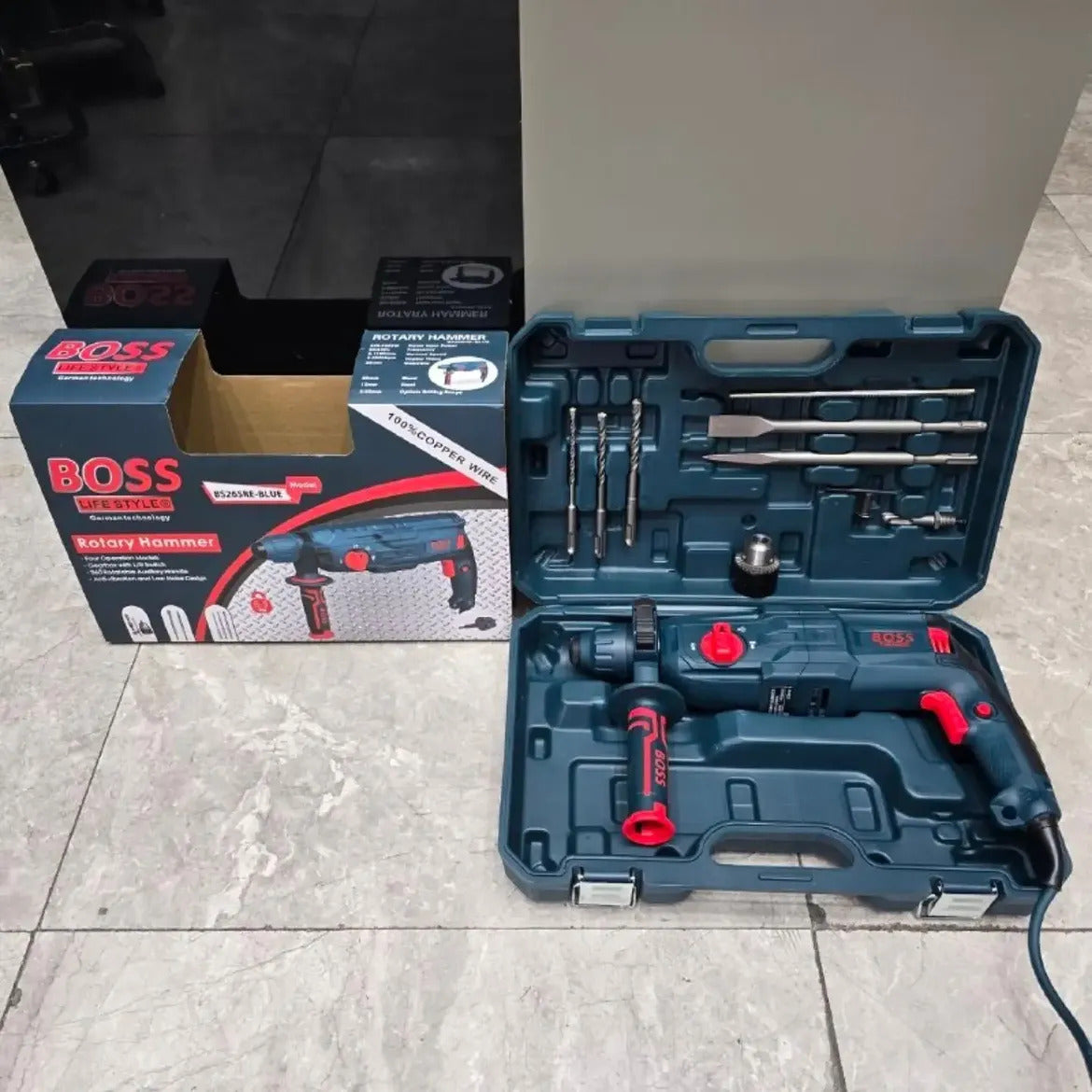 Boss 26mm SDS Rotary Hammer Drill – 3000W 3-in-1 Drill, Hammer & Chisel with Case