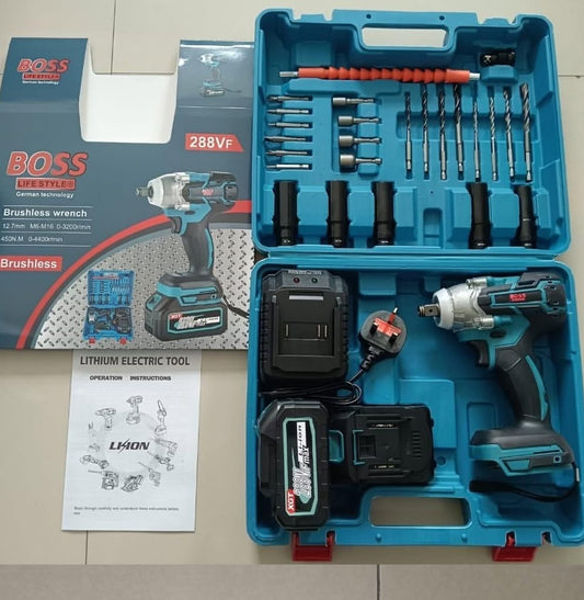 Boss 288V Cordless Impact Car Wrench – Brushless Impact Gun with 2 Batteries &amp; Carry Case