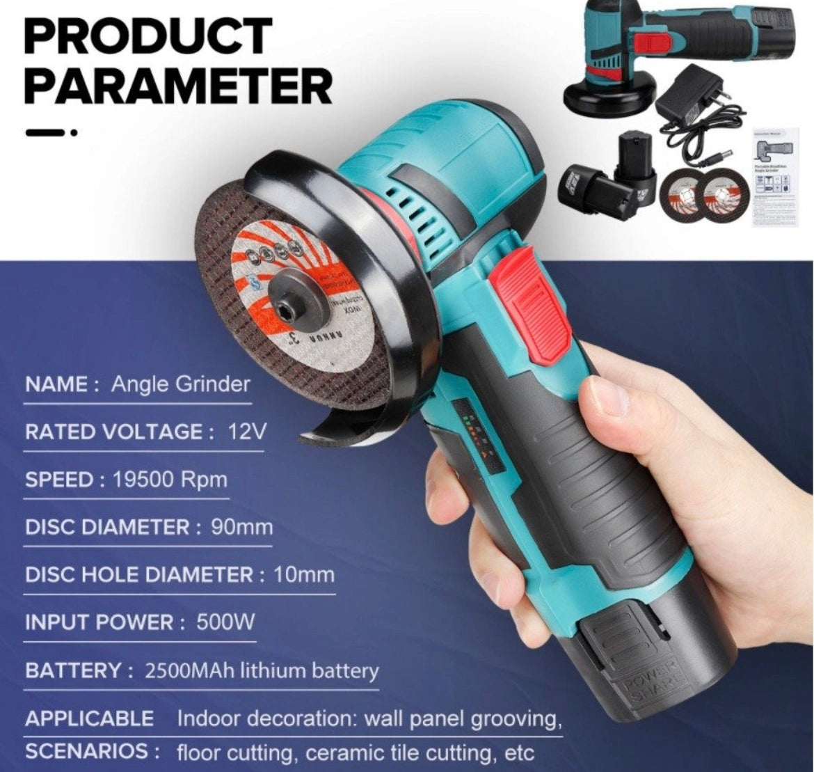 12V Cordless Mini Angle Grinder 3-inch